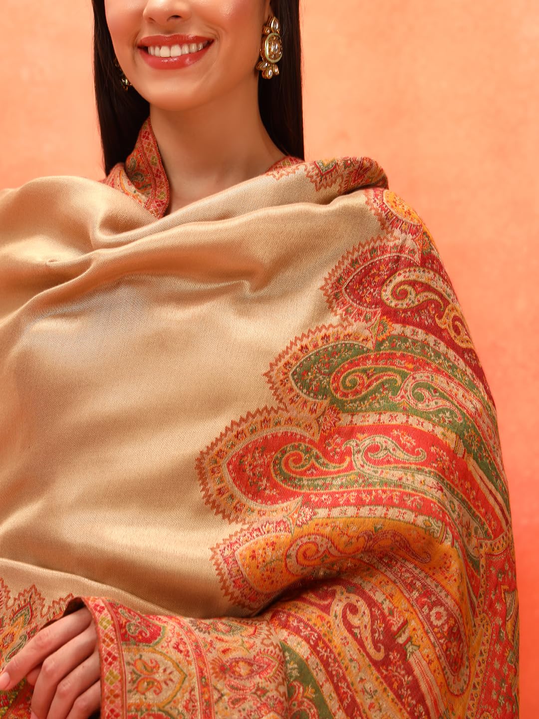 Pashmoda Women Zarvash Fine Wool Kaani Shawl, Authentic Kashmiri Luxury Pashmina Style Shawl, Stole, Medium Gents Lohi, Size (40x80 Inches, Beige Color) MZSS06