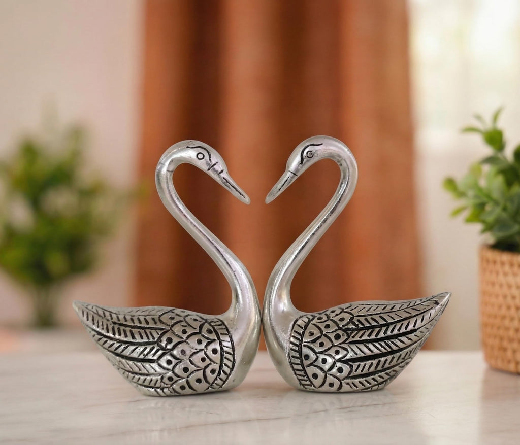 Elegant Metal Swan Pair Showpiece Handcrafted Silver Finished Decorative Figurines for Home Decor, Living Room, and Office – Set of 2 Vastu/Feng Shui Gift Items