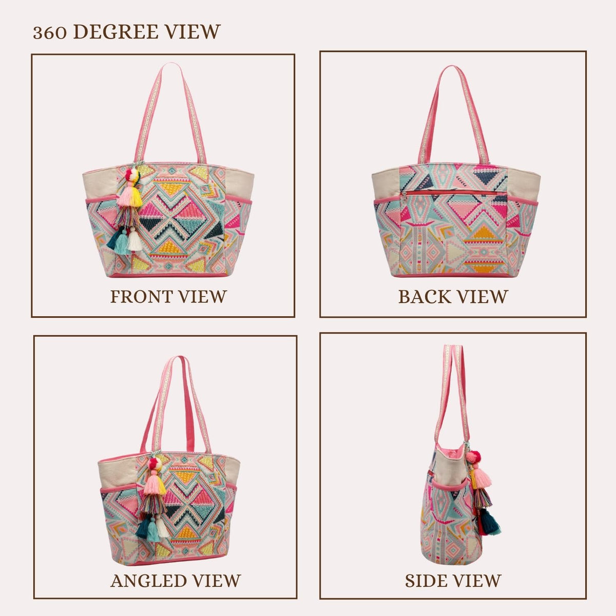 Anekaant Kooky Boho Geometric Embellished Handloom Cotton Jacquard Tote Bag for Women – Handmade Designer Ethnic Bohemian Large Casual Carry Bag