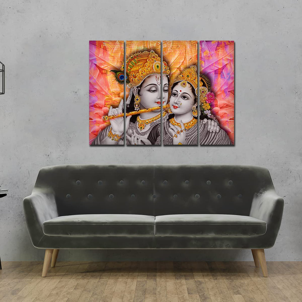 VIBECRAFTS Shree Radha Krishna 4 Pieces Canvas Wall Painting Fitted With Wooden Frame For Home | Office | Living Room | Gifts (PTVC4Pcs1_13504)