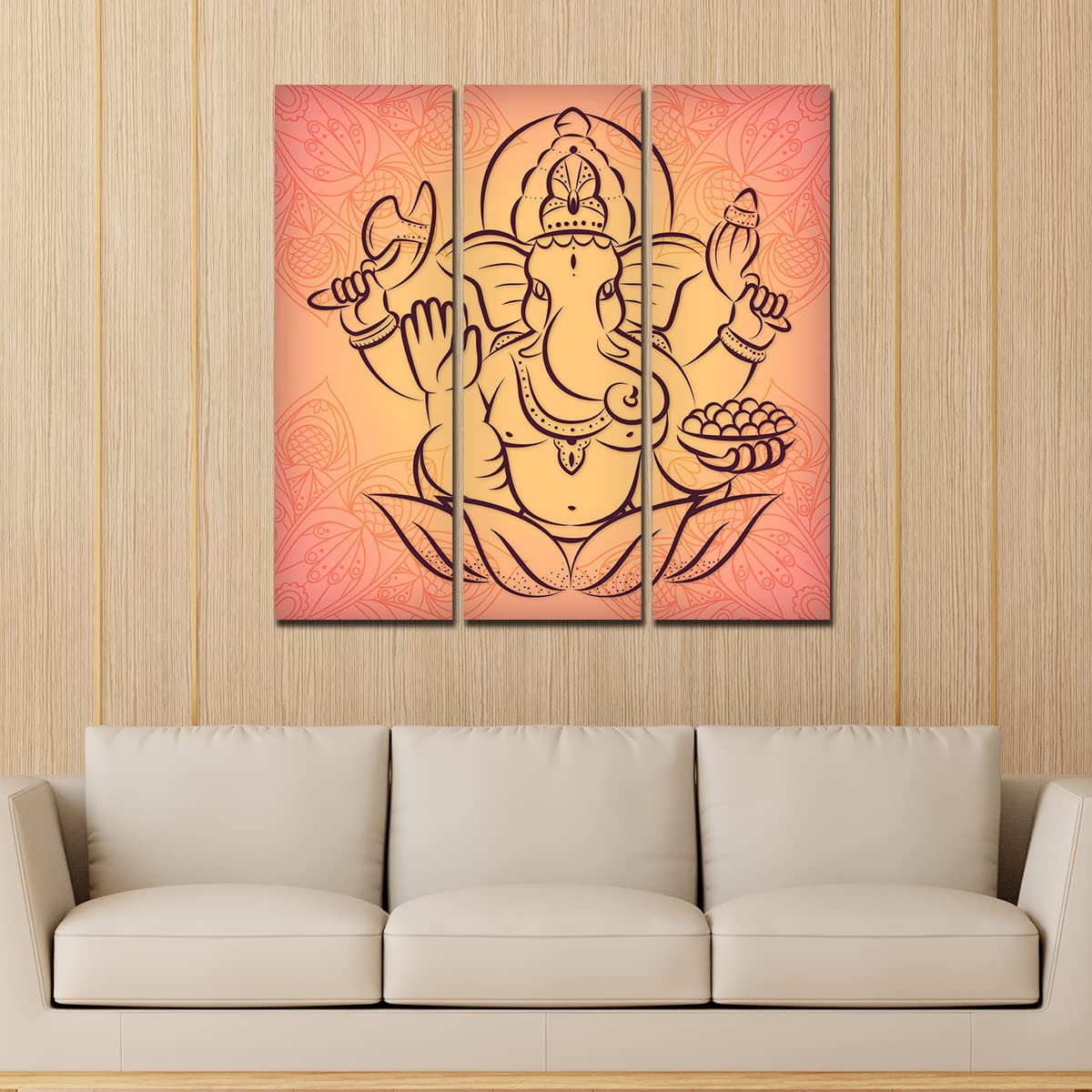 VIBECRAFTS 3 Pieces Beautiful Ganesha Canvas Wall Painting Fitted With Wooden Frame For Home | Office | Living Room | Gifts (PTVC3Pcs1_9555)