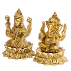 ARTVARKO Brass Laxmi Ganesha Sitting Lakshmi Ganesh on Lotus Idol Statue Spiritual Sculpture Puja Showpiece Religious Murti Pooja Gift and Home Decor Small 3 Inch