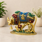 KridayKraft Decorative Kamdhenu Cow,Calf with Bal Gopal Krishna Metal Statue Embellished with Gemstones for Good Luck,Feng Shui,Vastu,Religious Gau MATA