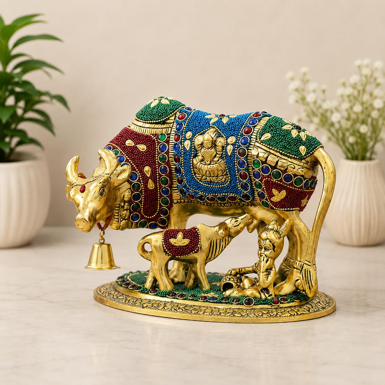 KridayKraft Decorative Kamdhenu Cow,Calf with Bal Gopal Krishna Metal Statue Embellished with Gemstones for Good Luck,Feng Shui,Vastu,Religious Gau MATA