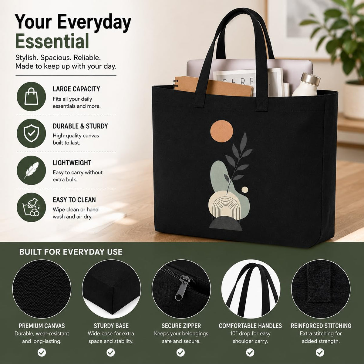 Craftwood Black Canvas Tote Bag, Casual Shoulder Bag for Daily Use, Large Canvas Tote Bag for Women, Tote Handbags for Women with Zipper & Inner Pocket for College, Shopping, Office (Black sun)