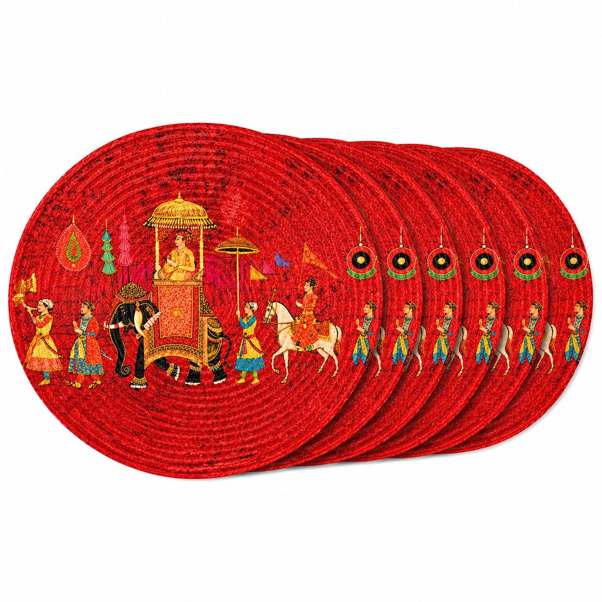 Premium Round Cotton Dining Table Mats Set of 6 | Washable Heat Resistant Food Mat | Circular Dining Table Hot Plate Mats & Coaster for Hot Utensil (14-inch, Printed Royal/Red) Kafalo