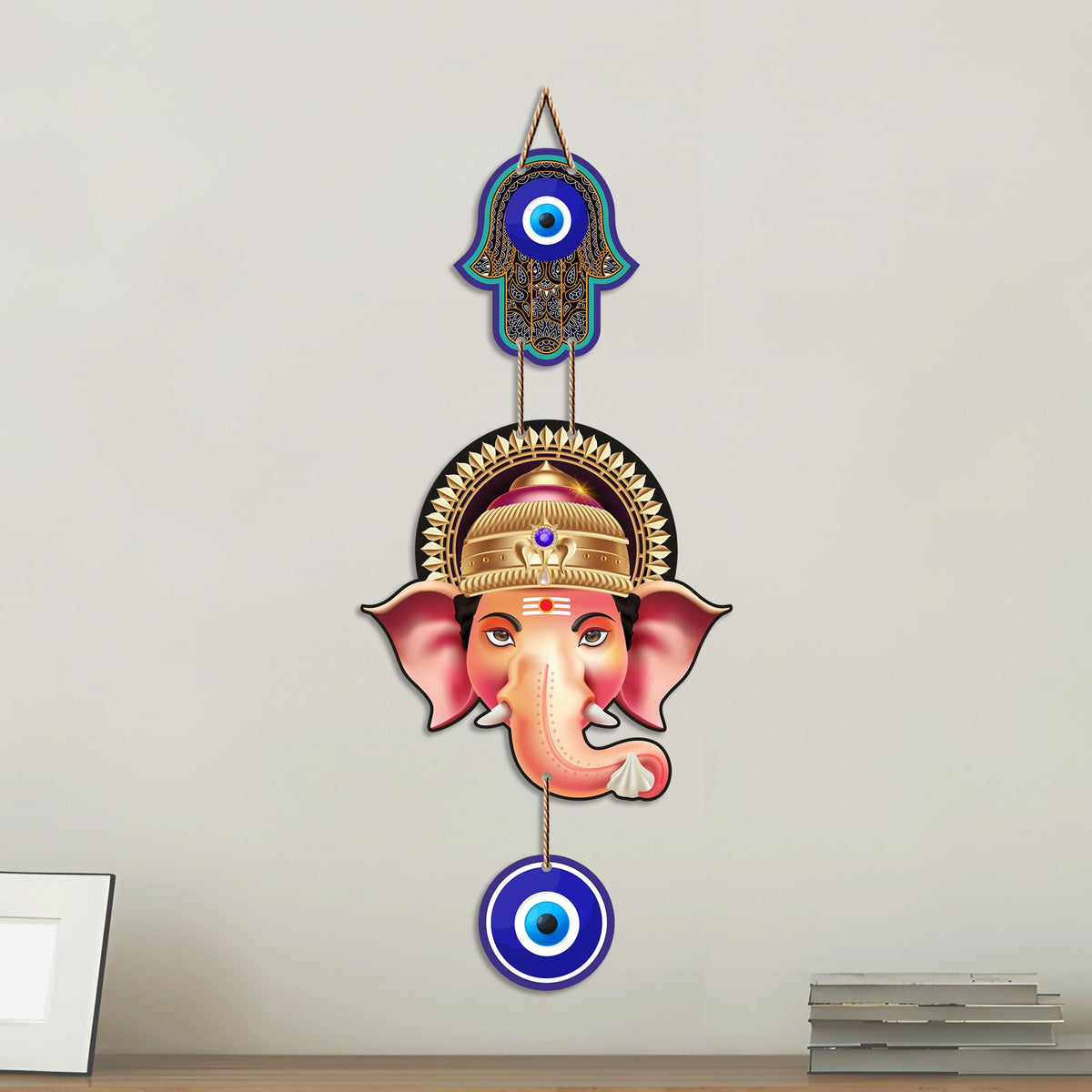 Artvibes Shree Ganesha Nazar Raksha Wall Hanging for Home Entrance | Evil Eye Protection Decor for Living Room Bedroom Office Temple | Positive Energy Spiritual MDF Decorative Gift Item (WH_8563N)