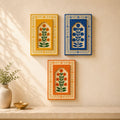 ATRANGI STUDIO Heritage Bloom Trio Wooden Wall Frame (Pack of 3) | Handpainted Jharokha Style Floral Wall Hanging | Rajasthani Traditional Art | Framed Wall Painting for Living room, Bedroom, Office | 12×8 Inch