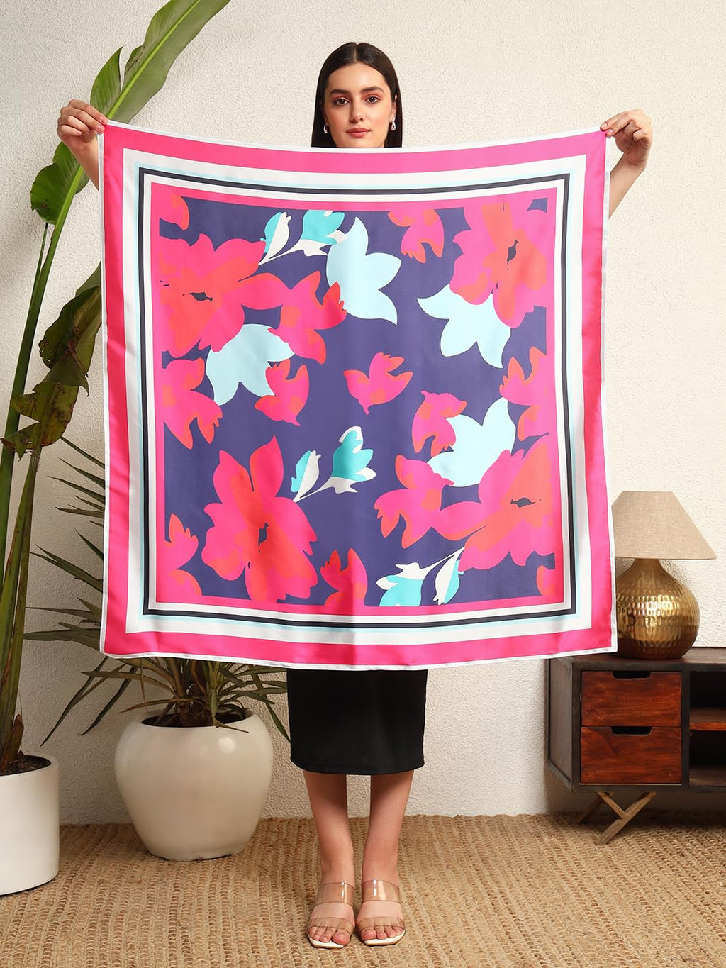 Ravaiyaa - Attitude is everything Women's Crepe Silk Digital Print Large Square Scarf Breathable Lightweight Neckerchief Printed Headscarf 40 x 40 Inch (Pink & Blue Floral)