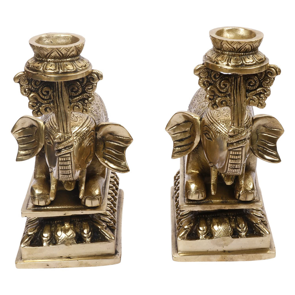 Artvarko Brass Elephant Tealight Candle Holder Pair (2 Pcs) Fengsui Vastu for Good Luck Success Prosperity Home Decor Marriage House Warming Gift Height 8 Inches