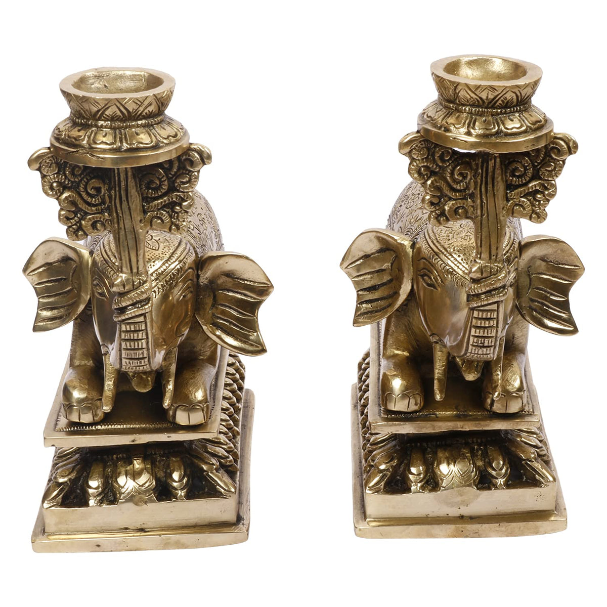 Artvarko Brass Elephant Tealight Candle Holder Pair (2 Pcs) Fengsui Vastu for Good Luck Success Prosperity Home Decor Marriage House Warming Gift Height 8 Inches