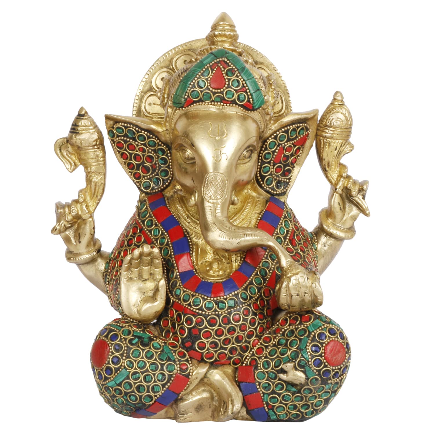 ARTVARKO Brass Ganesha Ganpati in Multicolour Gemastone Idol Ganesh Statue for Blessing Happiness, Health and Wealth Home Office Temple Puja 8 Inch