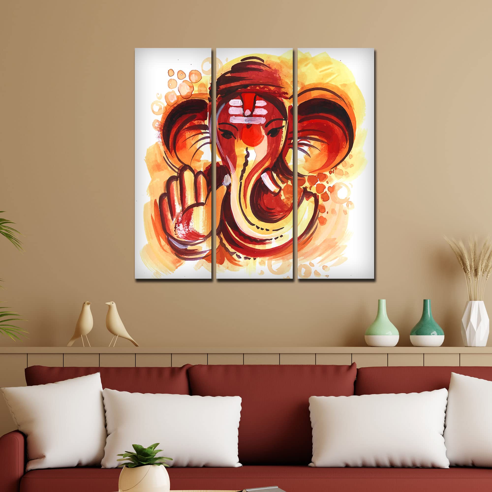 VIBECRAFTS Shree Ganesha Head 3 Pieces Canvas Wall Painting Fitted With Wooden Frame For Home | Office | Living Room | Gifts (PTVC3Pcs1_9577)