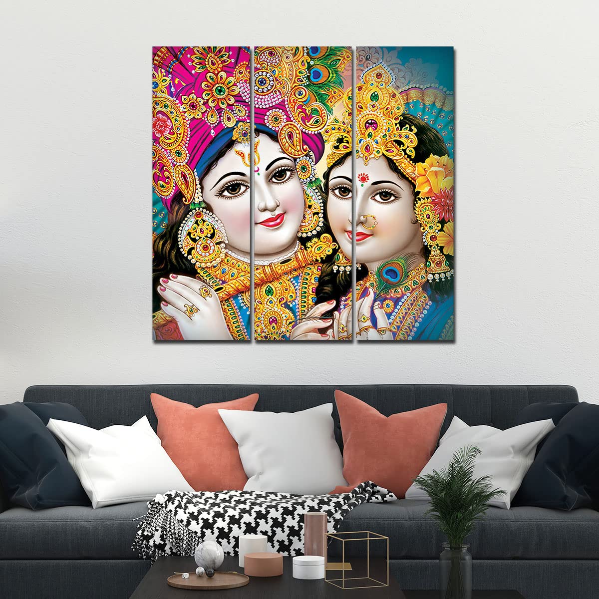 VIBECRAFTS 3 Pieces Beautiful Radha Krishna Canvas Wall Painting Fitted With Wooden Frame For Home | Office | Living Room | Gifts (PTVC3Pcs1_9540)