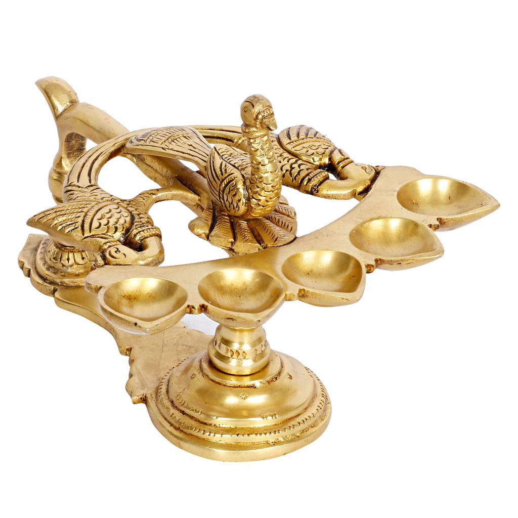 Artvarko™ Peacock Bird Design 5 Oil Wick Brass Panch Aarti Diya with Handle Decorative Puja Accessory, Camphor Burner lamp Aarti for Navratra, Diwali Gifts Home Decor 8 Inches.