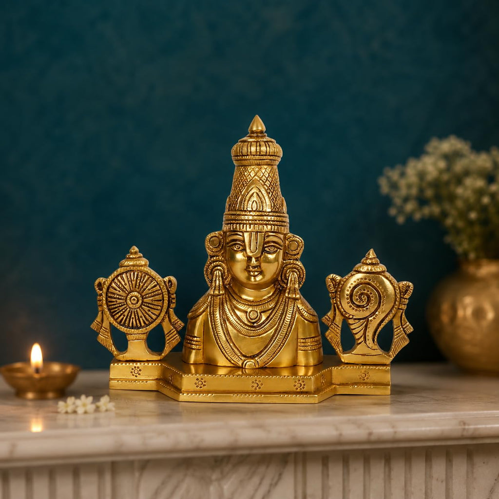 ARTVARKO Brass Lord Tirupati Balaji Lord Sri Venkateswara Balaji Face with Shankh Chakra Namah Idol Showpiece Home Décor Gold (22x8x21 cm)