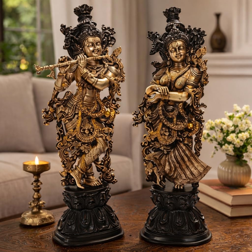 ARTVARKO Brass Lord Radha Krishna Murti Statue Playing Flute Gold and Black Big Size Metal Idol for Home Decor Temple Pooja Room Gallery Gift Height 29 Inch Weight 33 KG