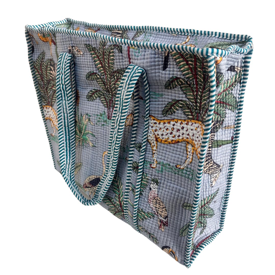 Bazaar Bhoot Edition Premium Cotton Quilted Shopping Tote Bag - Multipurpose Long Lasting Foldable Reusable Bag with zipper for Shopping, Travel & Daily Use - Made in India (Animal Print Azure Blue)