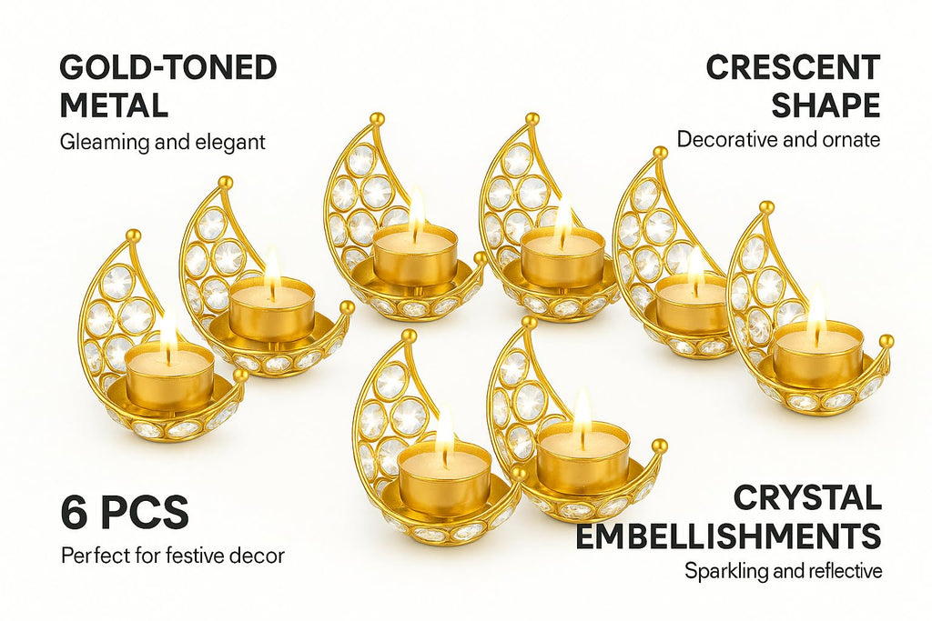 CentraLit Moon Tea Light Holder, Candle Holder, Crystal Candle Holder, Metal Lanterns, Table Decoration for Wedding Party, Ramadan, Diwali Decoration (Gold, Gold (Pack of 6))