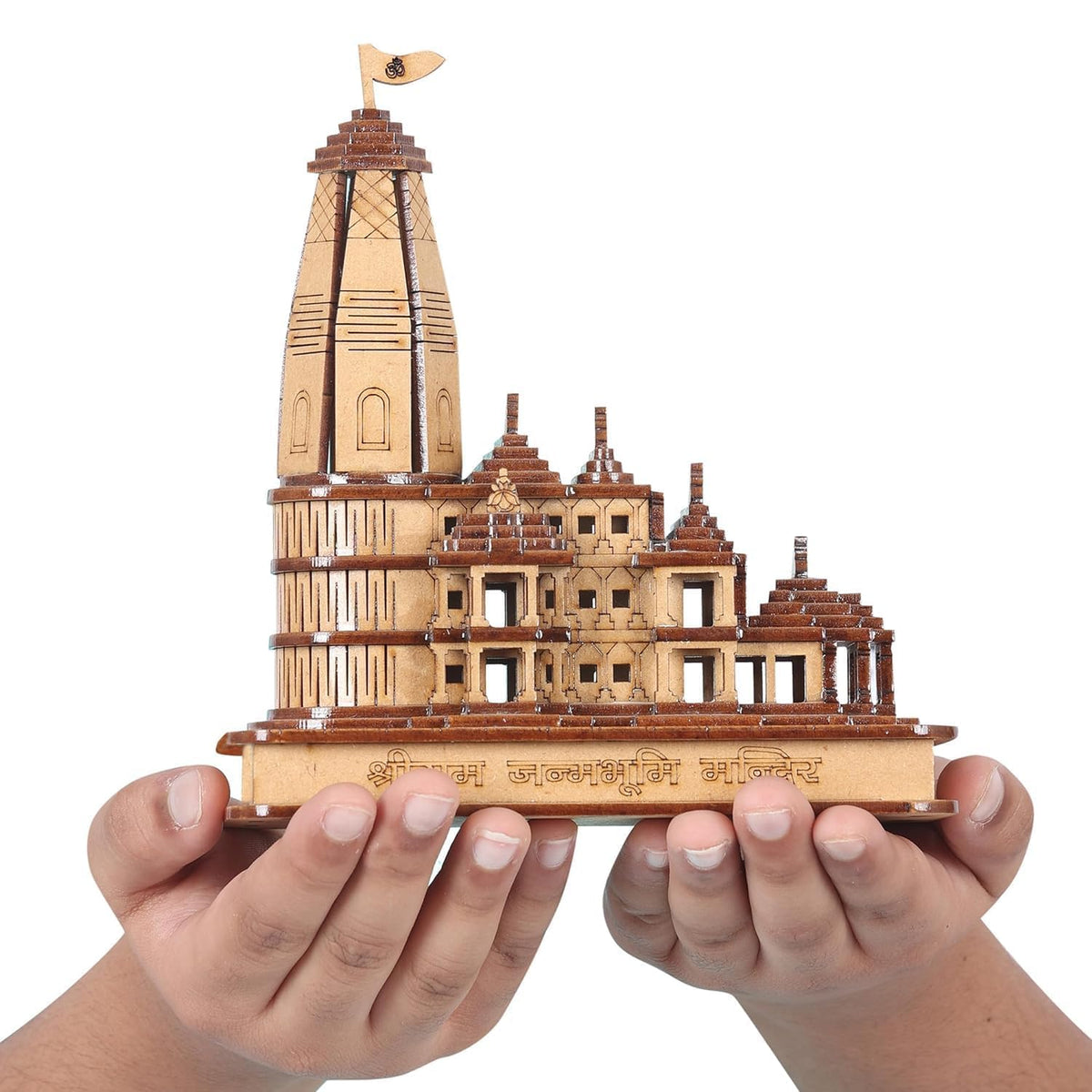 Rcelebrare LED Light Hand Carved Temple with Multicolor Lights Shri Ram Mandir Ayodhya 3D Decorative Showpiece Wood Temple for Gift Replica Wooden Ram Janmbhoomi for Home Decoration (Big 6 -inch)