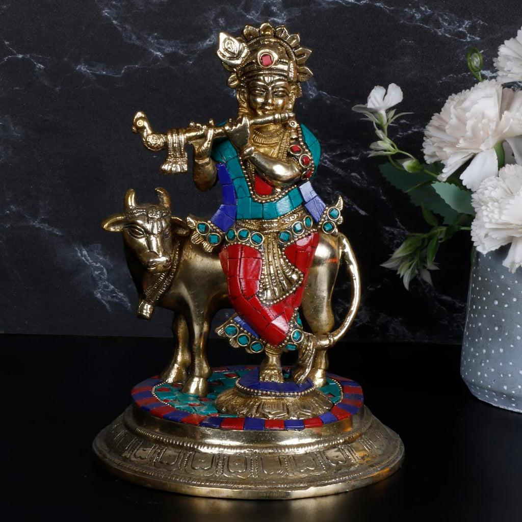 ARTVARKO Brass Krishna with Cow Standing Playing Flute Idol Statue for Home Mandir Pooja Krishan Ji Murti Temple Puja Office Home Décor Showpiece Gift 8 Inch.