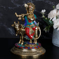 ARTVARKO Brass Krishna with Cow Standing Playing Flute Idol Statue for Home Mandir Pooja Krishan Ji Murti Temple Puja Office Home Décor Showpiece Gift 8 Inch.