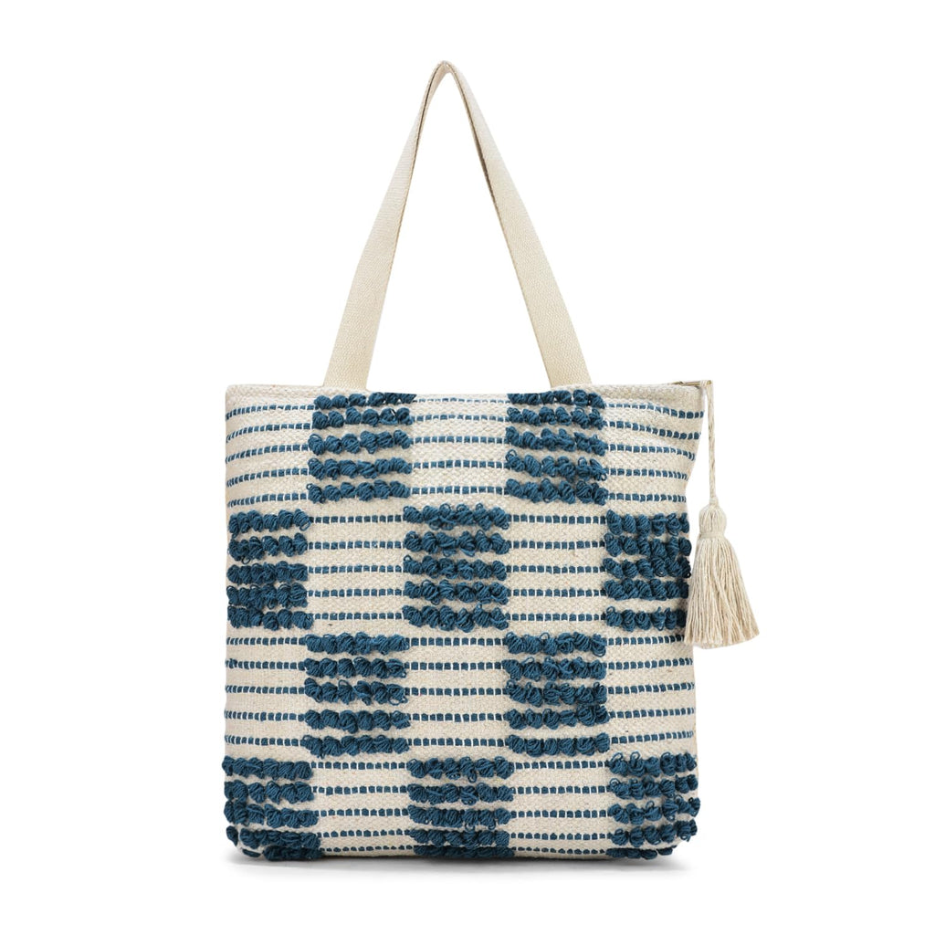 LoomEarth Handcrafted Cotton Tote Bag with Navy Blue Loop Pattern, White Tassel Accent, Beach Shopping Shoulder Bag