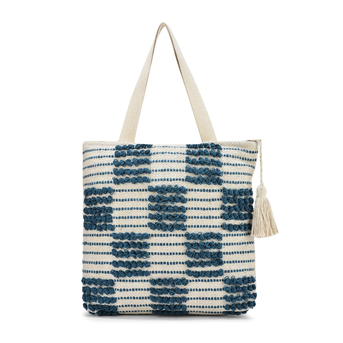 LoomEarth Handcrafted Cotton Tote Bag with Navy Blue Loop Pattern, White Tassel Accent, Beach Shopping Shoulder Bag
