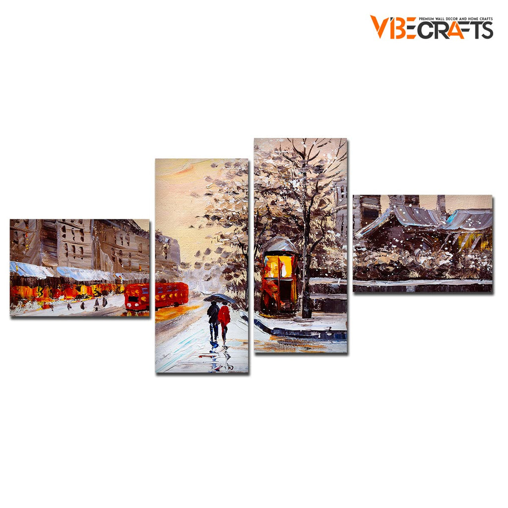 VIBECRAFTS Street View Of London 4 Pieces Canvas Wall Painting Fitted With Wooden Frame For Home | Office | Living Room | Gifts (PTVC4Pcs3_15505)