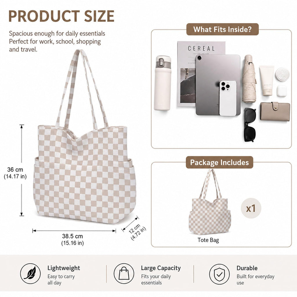 ZippyLiva Corduroy Tote Bag for College Girls, Light Khaki Checkerboard