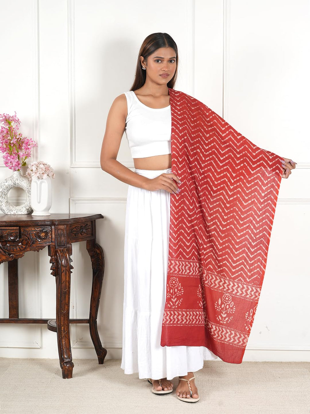 Gutthi Women's Cotton Stoles | Scarf Lightweight & Comfortable for All Seasons, (100X180 CM) (Red)