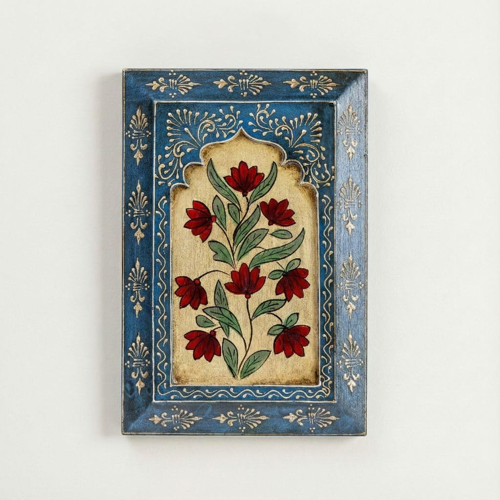 ATRANGI STUDIO Handpainted Wooden Wall Frame | Rajasthani Traditional Craft | Decorative Floral Wall Hanging Art for Living room, Bedroom, Office | 12×8 Inch, Blue