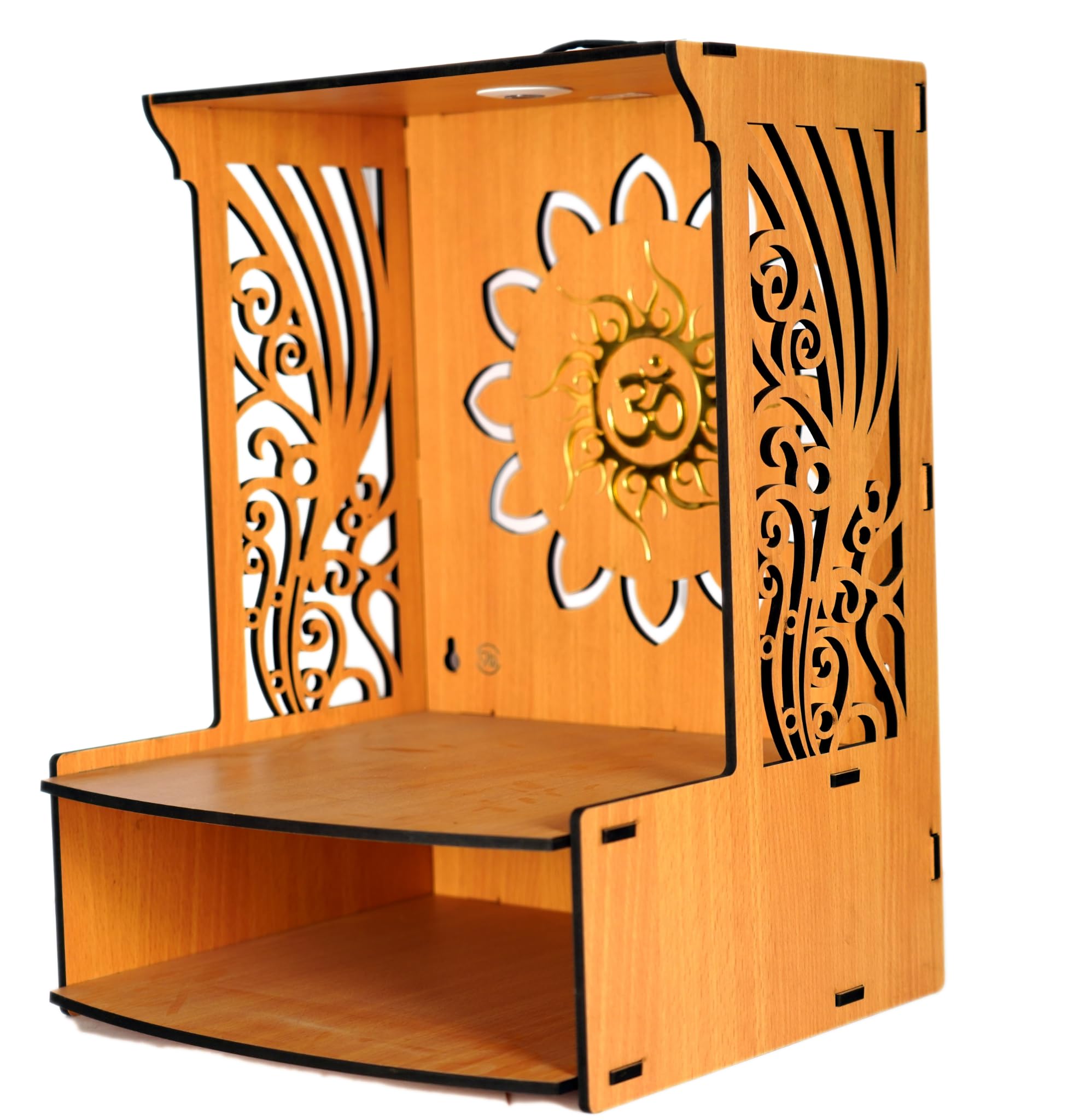 9br® Laabh Beautiful Wooden Pooja Stand for Home Pooja Mandir for Home Temple for Home and Office Puja Mandir for Home Wall Mounted with LED Spot Light Size (H- 15.5, L- 11.5, W-11 in)