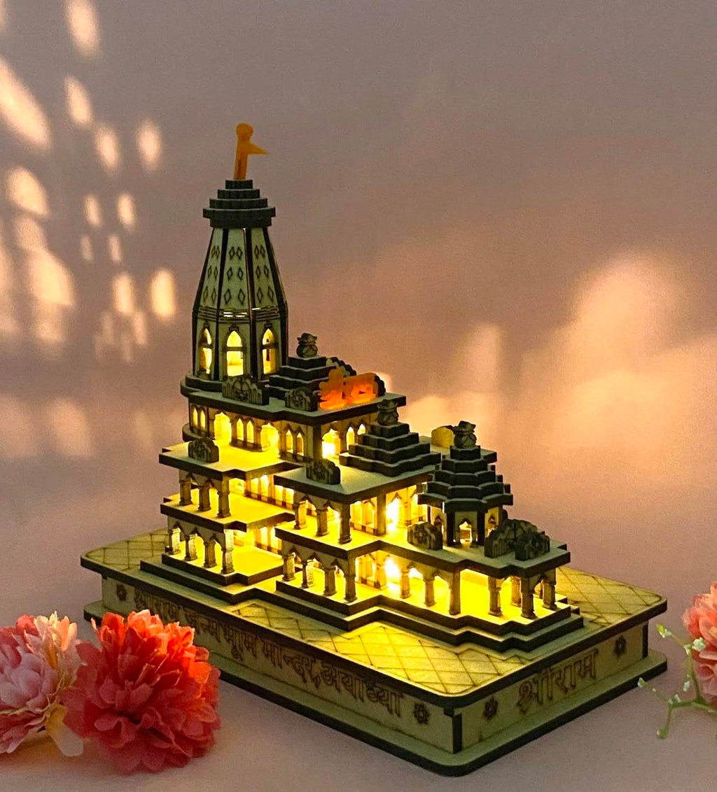 eXme Ram Mandir Ayodhya Model 3D Replica Handcrafted Wooden Traditional - Intricate MDF Craftsmanship, Authentic Design with Multicolour Light, Size (6x4) inch