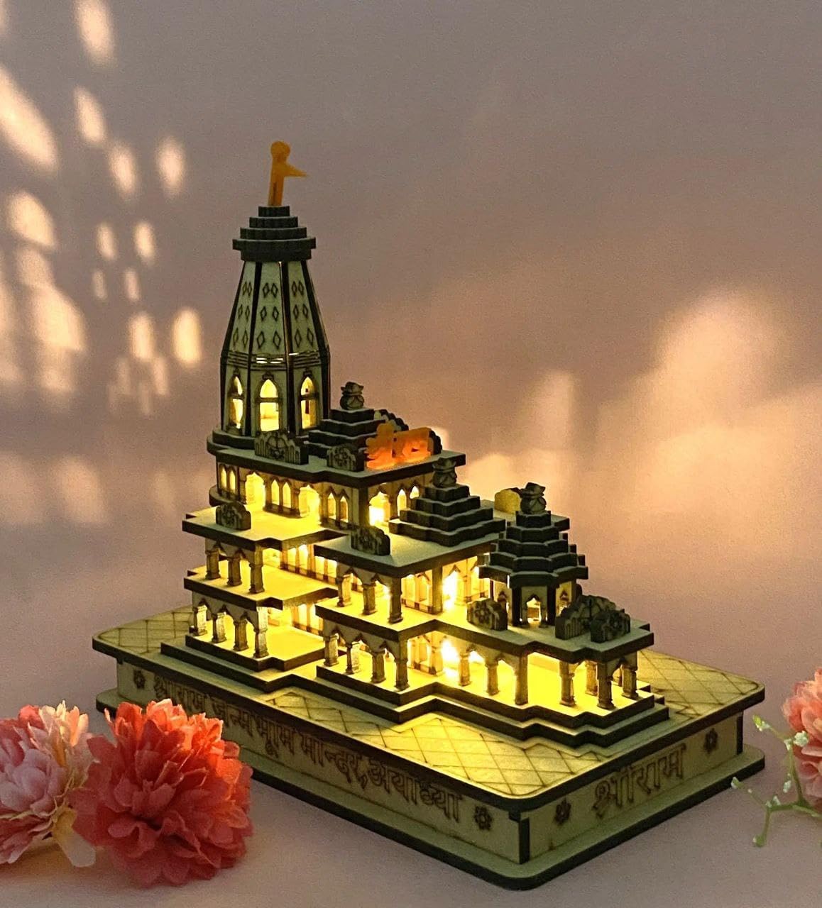 eXme Ram Mandir Ayodhya Model 3D Replica Handcrafted Wooden Traditional - Intricate MDF Craftsmanship, Authentic Design with Multicolour Light, Size (6x4) inch