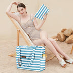 hirTa Cery Tote Bag with Makeup Pouch for Teacher Women Office Girls Work Multipurpose Shoulder HandBag for Travel Grocery Beach Hobo Diaper Changing Sandproof Pool - White and Blue