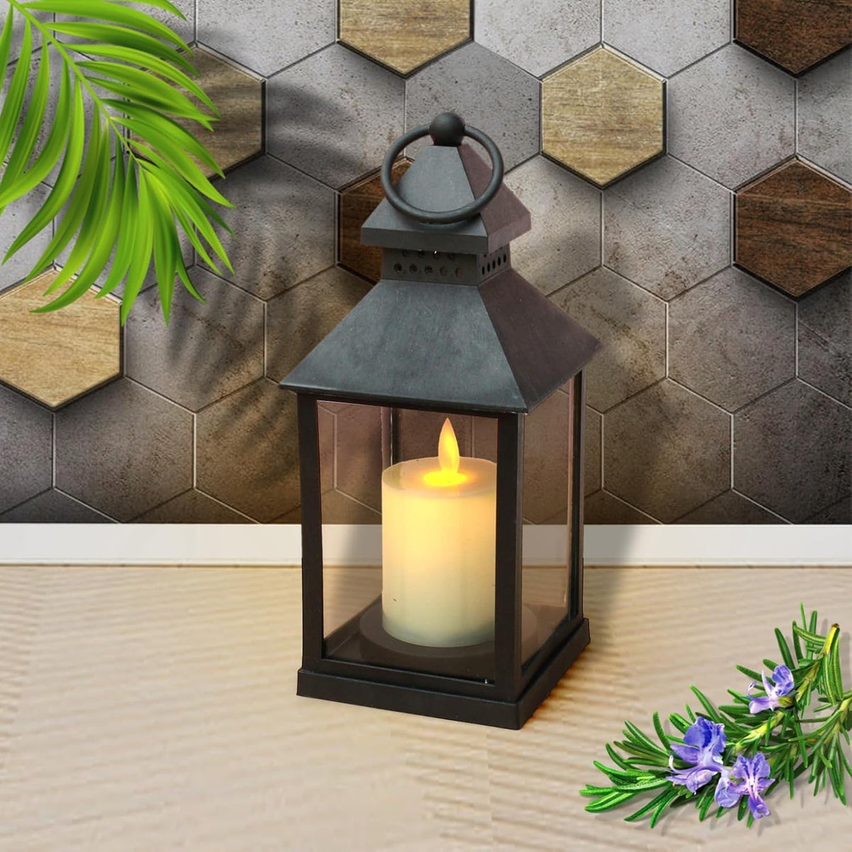 Vintage LED Lantern Light with Flickering Candle, Battery Operated Hanging Lamp, Antique Glass Lantern for Home Decor, Diwali Decoration Lights, Table & Wall Hanging Lamp Black vivinin (Set 1)