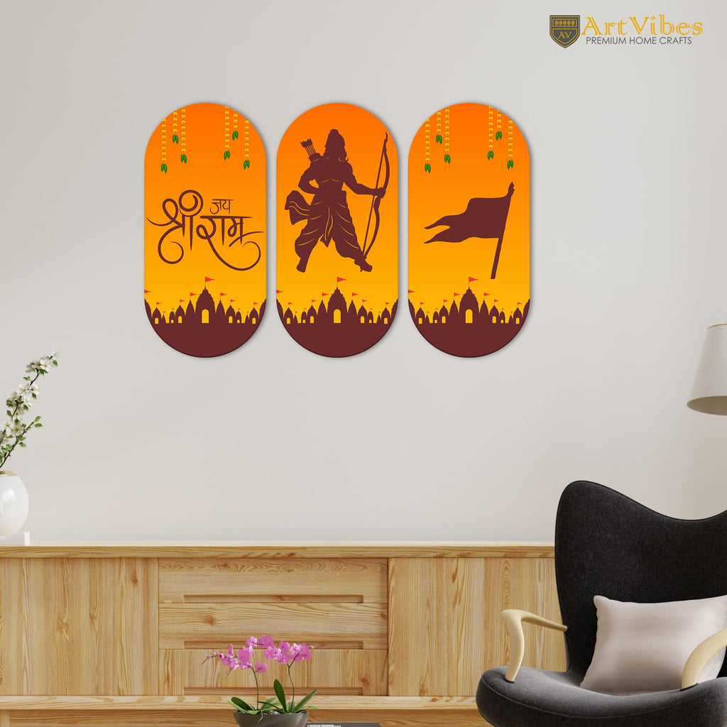 Artvibes Shri Ram Designer Wooden Wall Hanging Home Temple | Spiritual Decor Items | Wall Painting | Wall Sculpture | Signs & Plaques| Stylish Modern Decor Item | Gift Items (WH_9027N), Set of 3