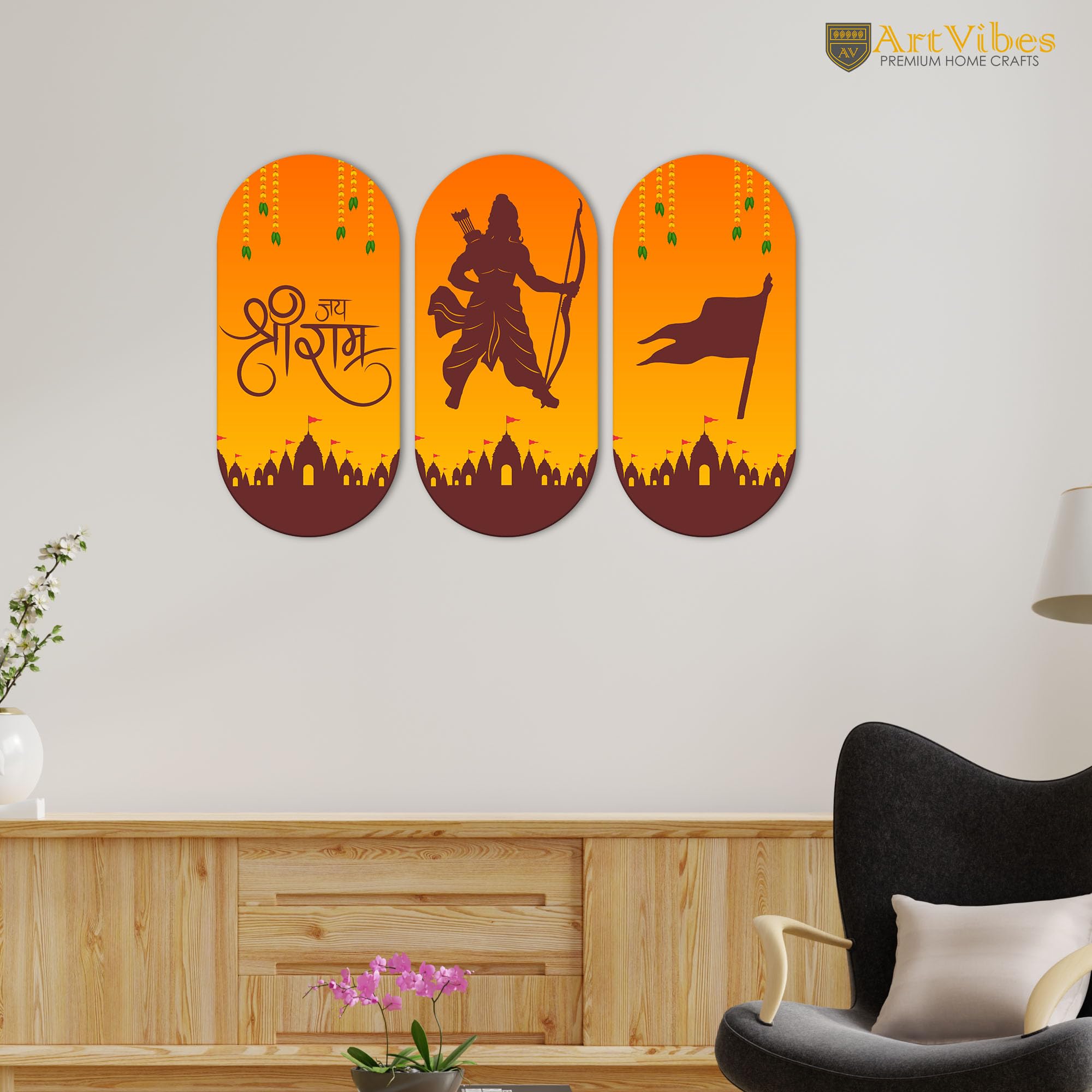 Artvibes Shri Ram Designer Wooden Wall Hanging Home Temple | Spiritual Decor Items | Wall Painting | Wall Sculpture | Signs & Plaques| Stylish Modern Decor Item | Gift Items (WH_9027N), Set of 3