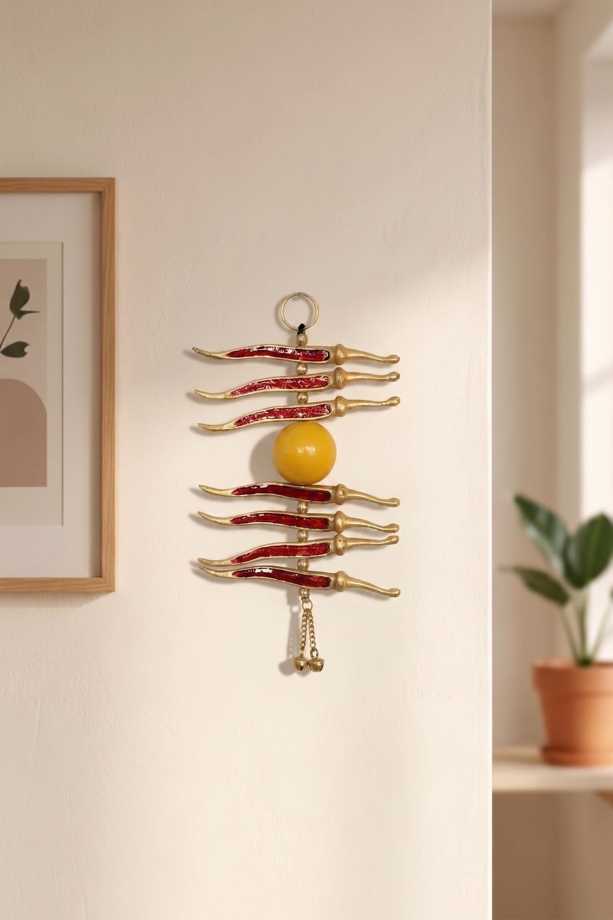 KridayKraft Metal Nimbu Mirchi Good Luck Hanging - Gold Plated Multicolour Lemon and Chili Decorative Showpiece for Entrance, Vastu, and Nazar Battu.