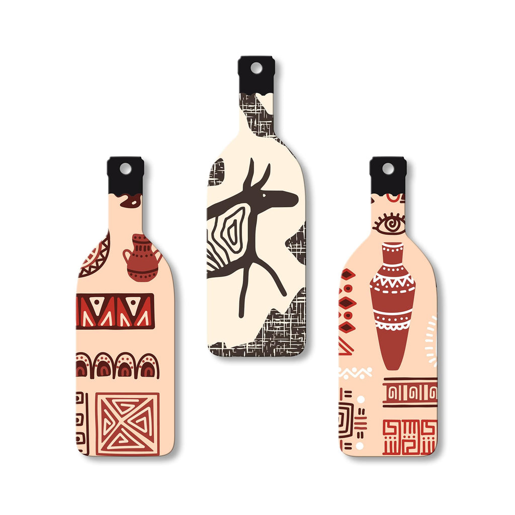 Artvibes African Warli Art Decor Bottle shaped Wooden Wall Hanging | Living Room | Handcrafted Art | Wall Illustrations | Art Prints | Aesthetic Wall Art | Ideal Gifts (WH_9514N), Set of 3