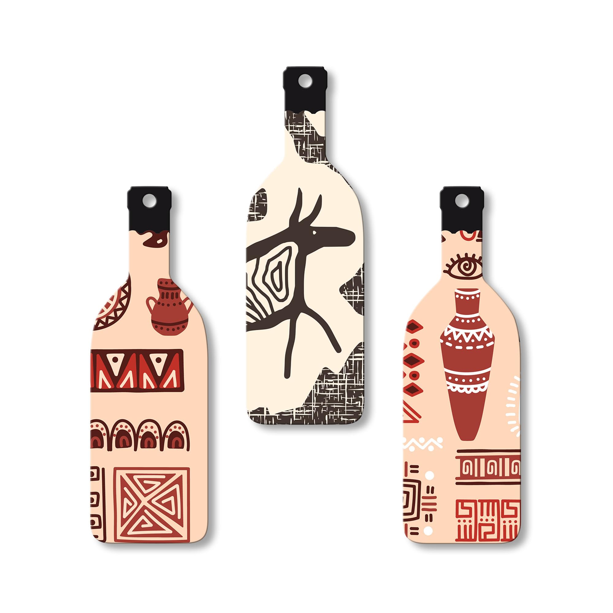 Artvibes African Warli Art Decor Bottle shaped Wooden Wall Hanging | Living Room | Handcrafted Art | Wall Illustrations | Art Prints | Aesthetic Wall Art | Ideal Gifts (WH_9514N), Set of 3