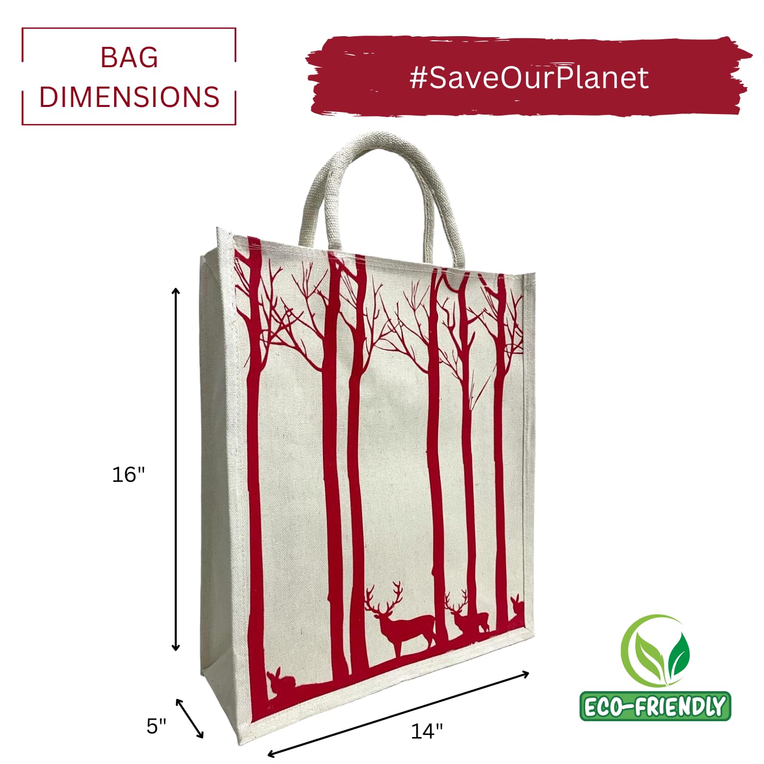 Jute Club Printed Canvas Bag|Shopping|Office|Tiffin| Multipurpose|Eco Friendly with Zipper lock|Spacious|100% Organic Cotton Tote with Lamination-14 X16 X5 (5Pc, Red Deer)