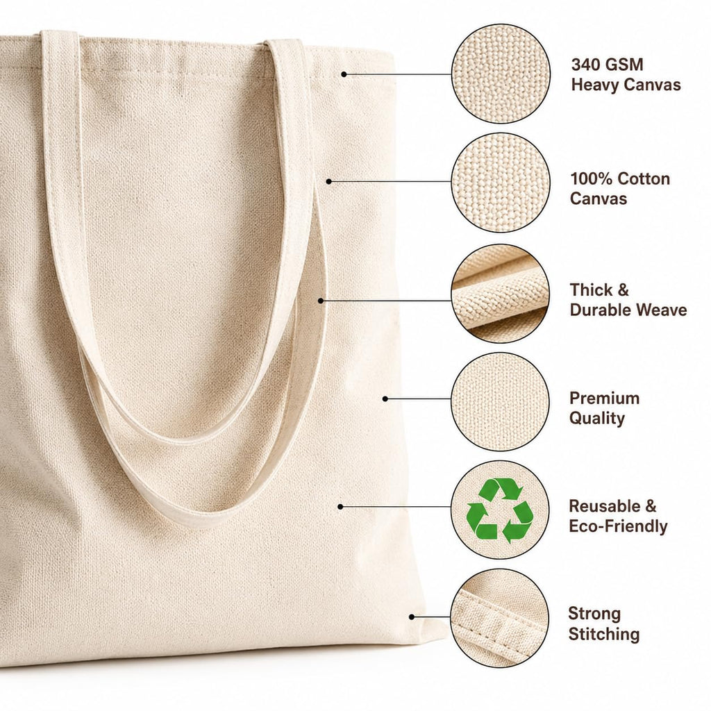 Reusable Cotton Canvas Tote Bag for Women & Men | Eco Friendly Grocery Shopping Bag | Durable Cloth Carry Bag with Long Handles | Multipurpose Shoulder Tote for Office Travel Beach Daily Use | Natural
