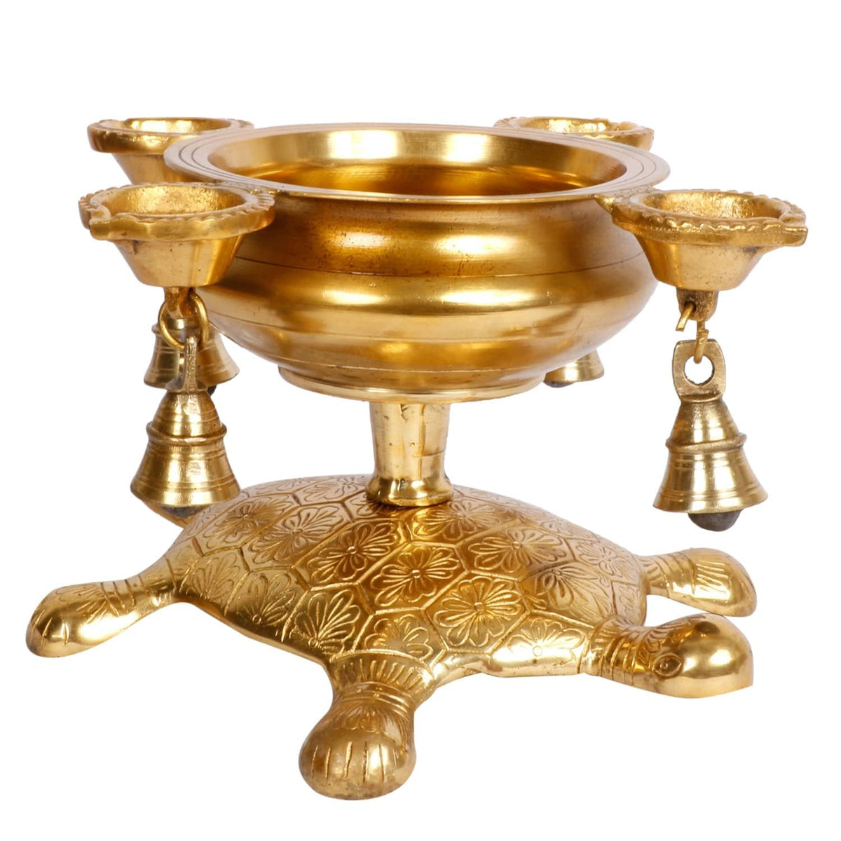 Svarup Brass Oil Lamp Diya with Urli on Tortoise: Ideal for Temple Decor, Kapoor/Kapur Burner, and Table Decoration
