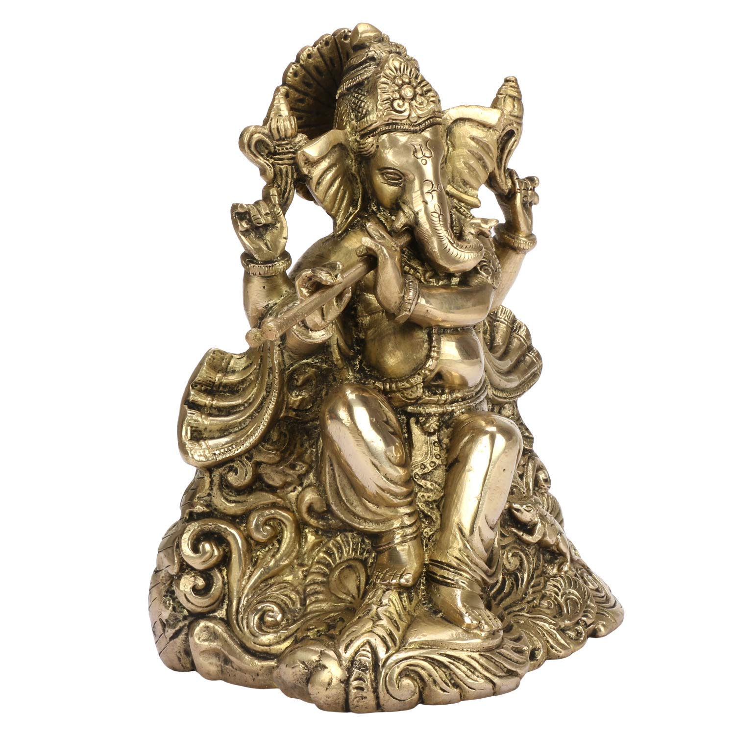 SVARUP Brass Ganesha Ido Playing Flute for Home Decoration Ganpati Statue Murti for Gift Height 8 Inch Weight 2.8 Kg Color Gold