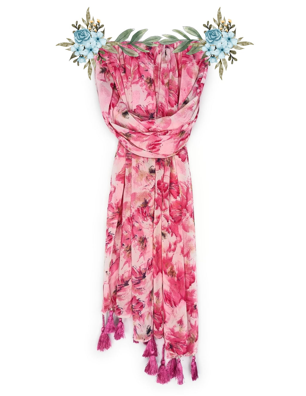 Chandwasia Fashion Floral Printed Scarf | Neck Shoulder Head Wrap Styling Dupatta Use | Polyester Chiffon Fabric Tassel Border Lightweight Soft Texture Pattern Women - Pink