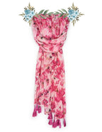 Chandwasia Fashion Floral Printed Scarf | Neck Shoulder Head Wrap Styling Dupatta Use | Polyester Chiffon Fabric Tassel Border Lightweight Soft Texture Pattern Women - Pink