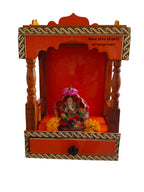 Wooden Home Temple Mandir with Drawer, Orange and White Border Pattern, Traditional Design