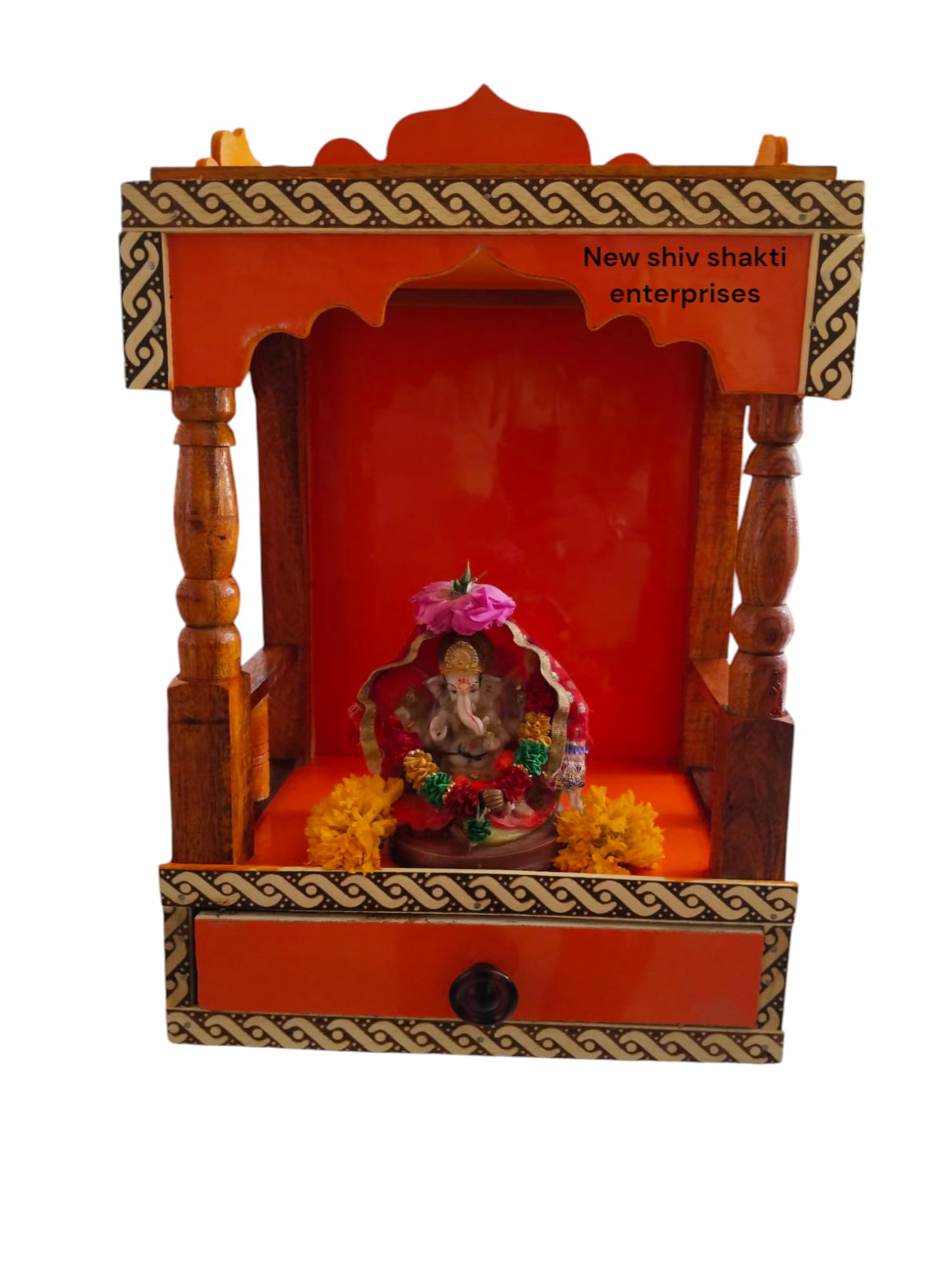 Wooden Home Temple Mandir with Drawer, Orange and White Border Pattern, Traditional Design